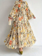 Middle Eastern Muslim Fashion Floral Print Long Dress - ginger-colored