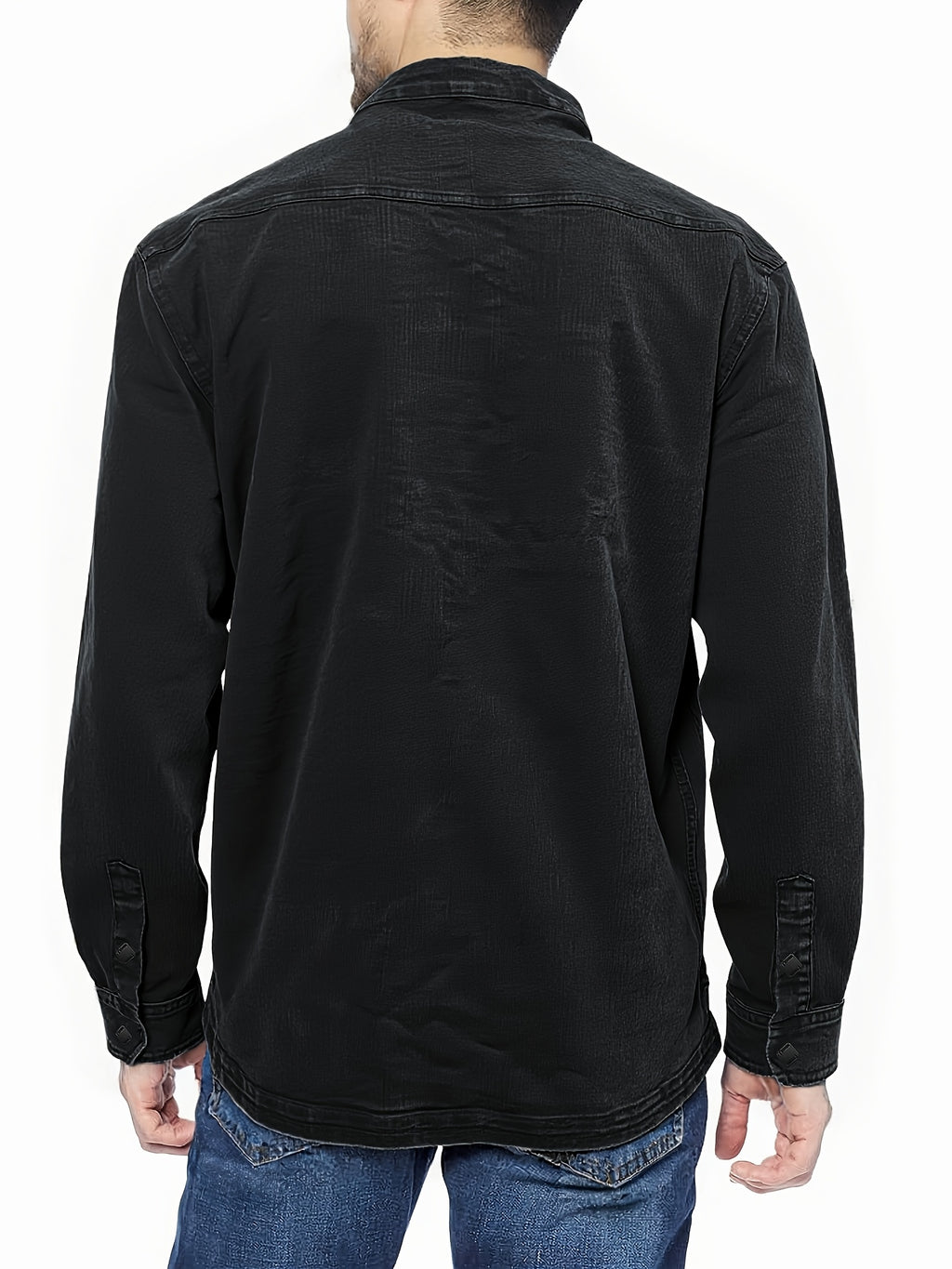 Men's Vintage Distressed Denim Shirt with Henry Collar, Long Sleeve Casual Workwear Top with Pockets, Heavyweight Hand-Washed Vintage - Soot Black