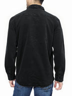 Men's Vintage Distressed Denim Shirt with Henry Collar, Long Sleeve Casual Workwear Top with Pockets, Heavyweight Hand-Washed Vintage - Soot Black