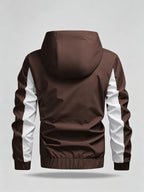 Men's Color Block Patchwork Hooded Sport Jacket with Adjustable Drawstring Hood and Zipper, Versatile Casual Jacket for Campus, Commuting, Hiking, Jogging, and Daily Wear - 25016 - Coffee Brown