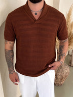 Men's New Summer Fashion Trendy  Breathable Short-Sleeve Knit Sweater, Old Money Business Casual Shawl Collar Simple Solid Color Knit Pullover, for School, Work, Commuting, Vacation, and Travel Outfits - Red Brown