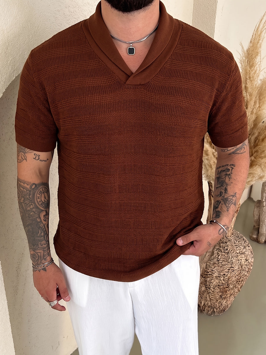 Men's New Summer Fashion Trendy Breathable Short-Sleeve Knit Sweater, Old Money Business Casual Shawl Collar Simple Solid Color Knit Pullover, for School, Work, Commuting, Vacation, and Travel Outfits - Red Brown