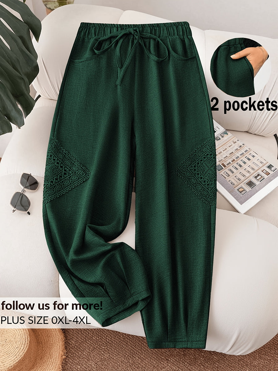 Fashionable Plus-Size Women'S Loose Pants with a Faux Drawstring, Suitable for Commuting, Vacations, Parties, And Sports, Featuring Pockets, Ideal for Everyday Wear - Blackish Green