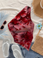 Spring/Summer Women's Vacation Style Artistic Gradient Red Floral One-Shoulder Spaghetti Strap Top with Irregular Cross-Body Design, Hot Style Versatile Outerwear and Innerwear Tank Top - Rose Red