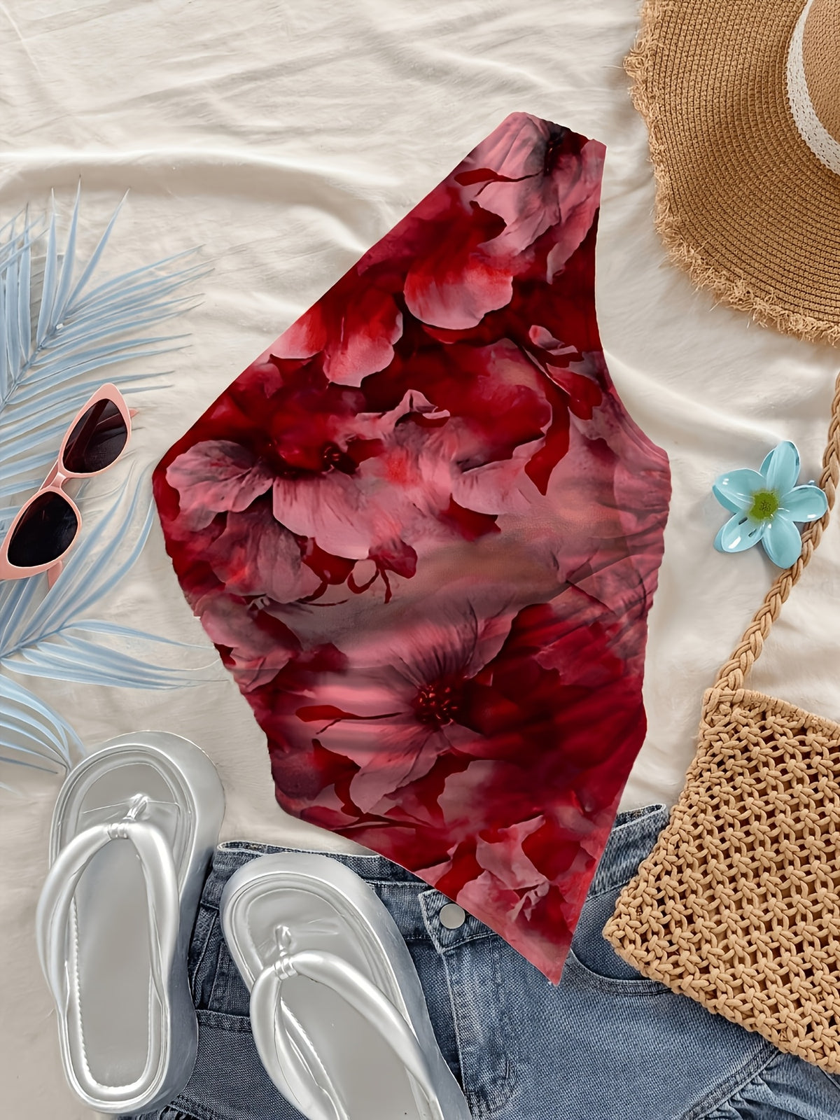 Spring/Summer Women's Vacation Style Artistic Gradient Red Floral One-Shoulder Spaghetti Strap Top with Irregular Cross-Body Design, Hot Style Versatile Outerwear and Innerwear Tank Top - Rose Red