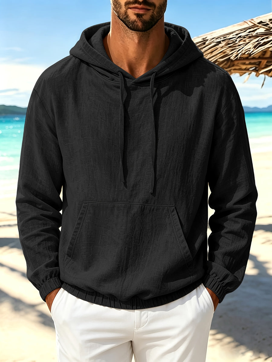 Men'S Spring Autumn New Thin Solid Linen Lightweight Hooded Sweatshirt Casual Commute Outing Fitness Party Street Fashion Athletic Casual Large Pocket Long Sleeve Hooded Top - Black