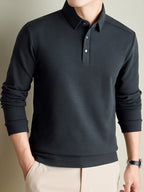 Men'S Long Sleeve Polo Shirts for Spring And Autumn: Easy Casual Solid Color Fleece Business Commute Crewneck T-Shirt Top - Dark Gray