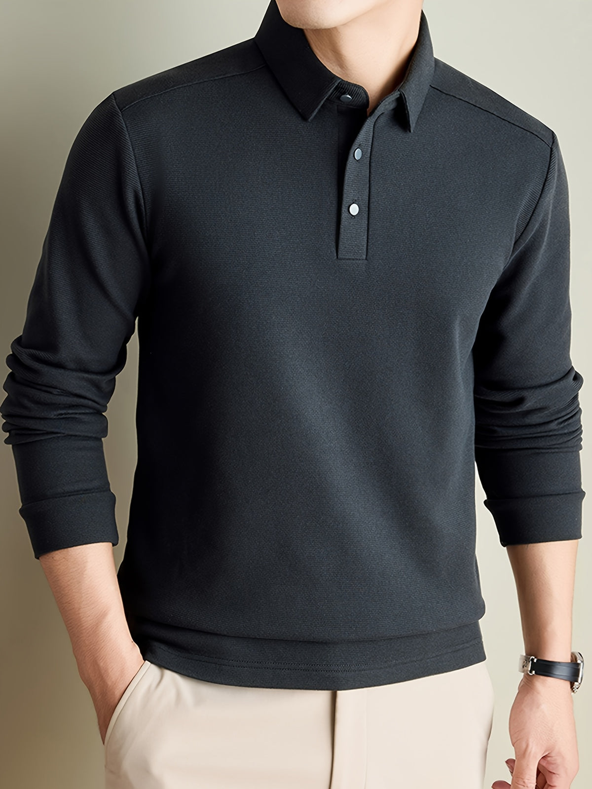 Men'S Long Sleeve Polo Shirts for Spring And Autumn: Easy Casual Solid Color Fleece Business Commute Crewneck T-Shirt Top - Dark Gray