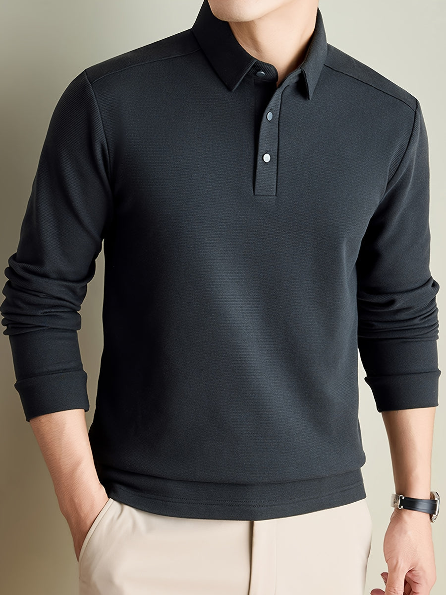 Men'S Long Sleeve Polo Shirts for Spring And Autumn: Easy Casual Solid Color Fleece Business Commute Crewneck T-Shirt Top - Dark Gray