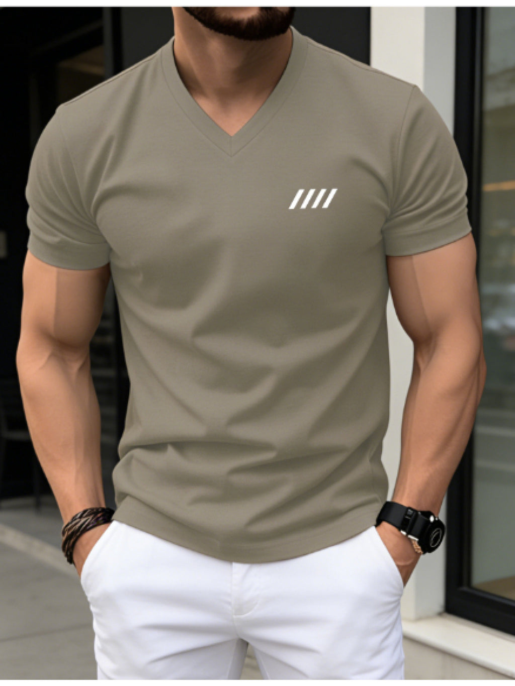 [Printed Design - Not Textured] 2026 New Style T-Shirt, Men's Summer Short Sleeve Thin Top, Trendy Fashion Slim Fit V-Neck, Versatile and Simple Classic Basic Style for Daily Commuting. Creative Vertical Stripe Pattern Design for a  and Fashionable - Khaki