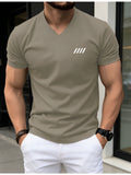 [Printed Design - Not Textured] 2026 New Style T-Shirt, Men's Summer Short Sleeve Thin Top, Trendy Fashion Slim Fit V-Neck, Versatile and Simple Classic Basic Style for Daily Commuting. Creative Vertical Stripe Pattern Design for a  and Fashionable - Khaki