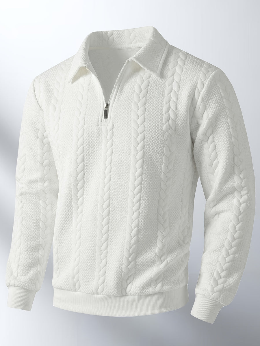 Autumn Winter Men'S Zipper Lapel Sweatshirt, Fashion Jacquard Long Sleeve Collared Shirt - White