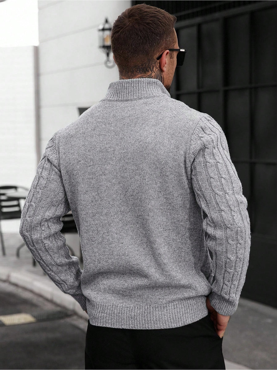 JANE DRESSINGLOG Men'S Knitting Cardigan American Retro Three-Dimensional Twisted Fried Dough Twists Pattern Fashion Trend Solid Half High Collar Full Zipper Long Sleeve Sweater Coat Autumn And Winter Commuting Outdoor Daily Wear - Space Gray