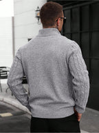 JANE DRESSINGLOG Men'S Knitting Cardigan American Retro Three-Dimensional Twisted Fried Dough Twists Pattern Fashion Trend Solid Half High Collar Full Zipper Long Sleeve Sweater Coat Autumn And Winter Commuting Outdoor Daily Wear - Space Gray