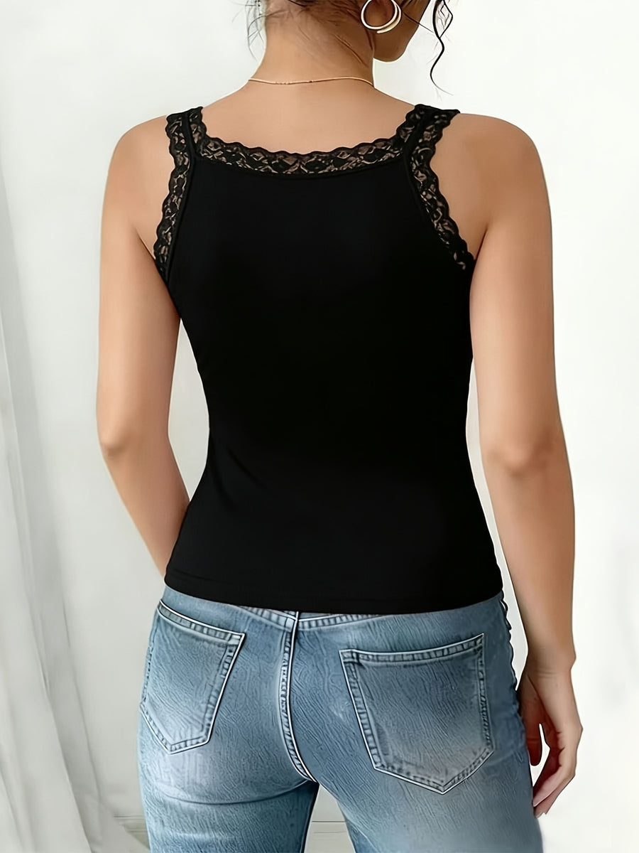 Women'S Elegant Lace Trim Camisole, Lightweight Breathable Soft Slim Fit Tank Top, Casual Fashion Basic Layering Cami Top, Daily Loungewear Vest for Outerwear & Underlay - Black
