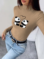 Women's New Autumn/Winter Half-Turtleneck Slim-Fit Top, Can Be Worn as an Inner or Outer Layer, Stretchy Fabric, Soft, Skin-Friendly, and Warm, Simple Waist-Cinching Fit, Versatile for Daily Wear "cute Panda Love Couple Heart - Khaki