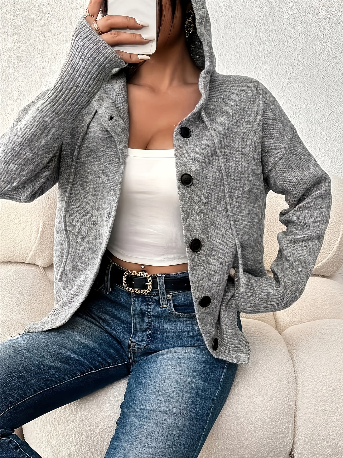 Lazy Style Button Hooded Sweatshirt, Autumn/Winter Loose Fit Casual Hooded Sweater Cardigan Jacket, Fashionable and Versatile Women's Clothing - Space Gray