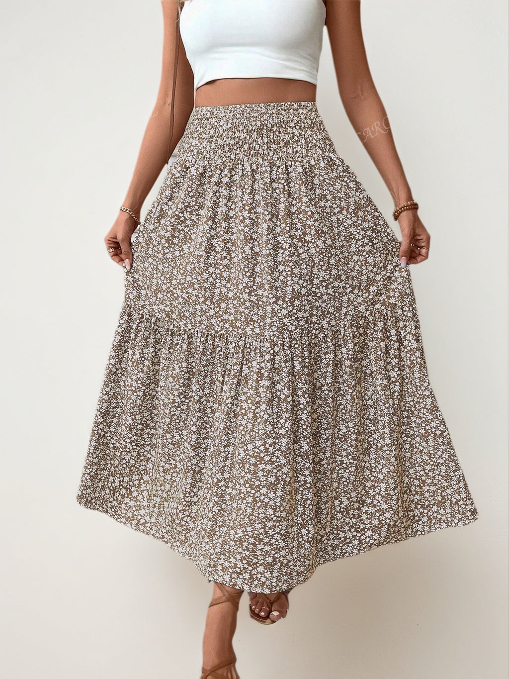 Women'S Elegant Floral Print A-Line Maxi Dress with Pockets - Long Flowing Floor-Length Skirt, Loose Fit Casual to Semi-Formal Outfits, All-season Versatile Everyday & Special Occasion Dress, Floral Print Dress, Comfortable Wear, Stylish Women - Khaki