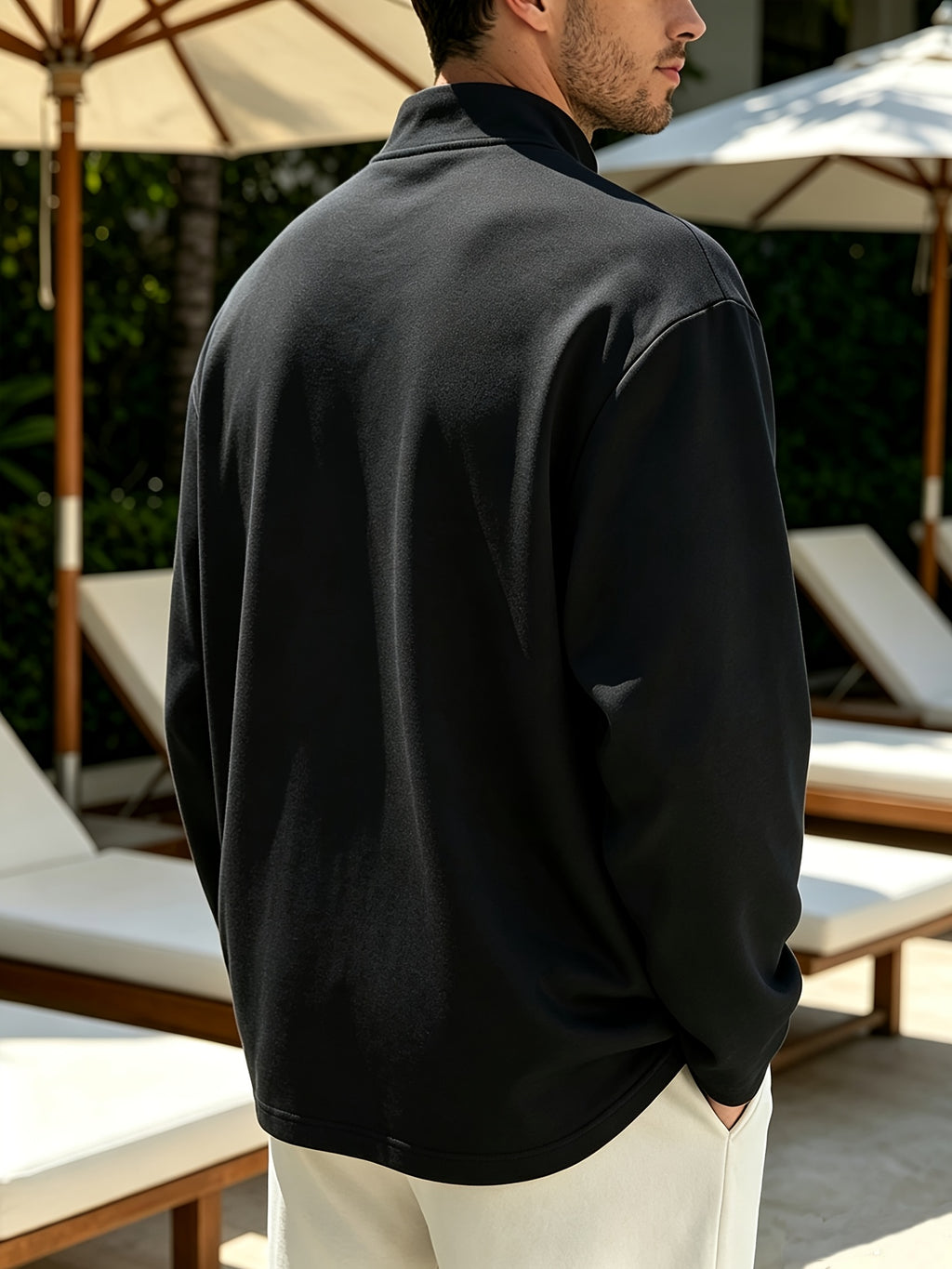 Spring/Autumn Henry Neck Long Sleeve T-Shirt, Loose Fit with Half-Open Placket Design, Versatile Commuter Base Layer, an Excellent Choice for Daily Work and Casual Vacations - Black