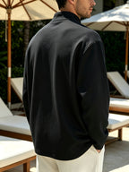 Spring/Autumn Henry Neck Long Sleeve T-Shirt, Loose Fit with Half-Open Placket Design, Versatile Commuter Base Layer, an Excellent Choice for Daily Work and Casual Vacations - Black