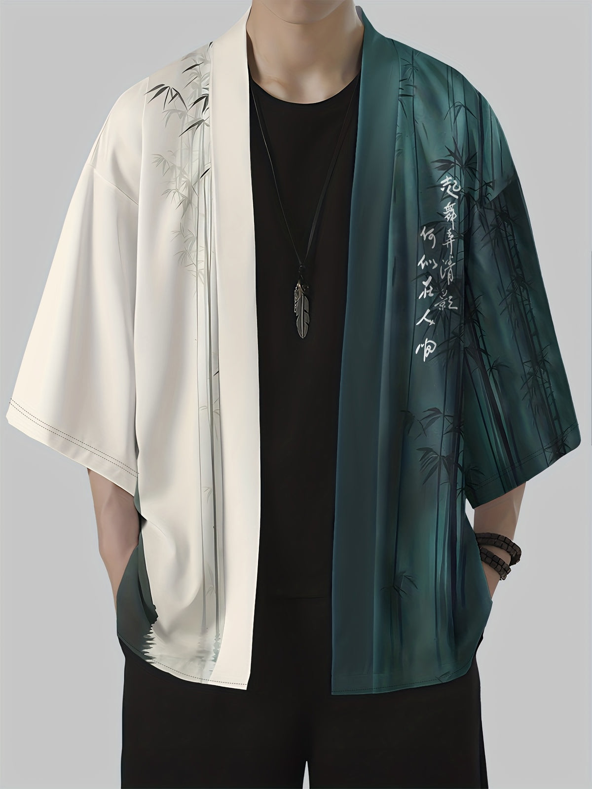 Men'S Casual Shirt, Chinese Style Open Cardigan, Ethnic Costume, Kimono - Dark Cyan