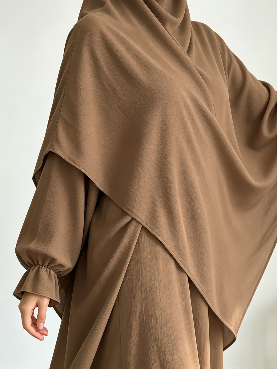 A Khimar + Abaya Prayer Jilbab Suit, a Fashionable and Elegant Vacation Set Featuring a Pure-color, Simple Single-layer Headscarf and a Light, Breathable, Comfortable Horn-sleeve Loose Dress. This Women's Abaya Combination Set Is Ideal for Muslim - Khaki