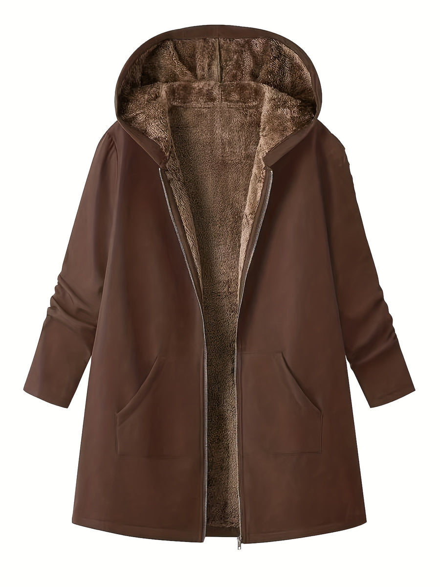 Solid Color Thermal Lined Hooded Jacket for Autumn/Winter Warmth and Casual Wear - Coffee Color