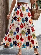 Women'S Elegant Floral Print Midi Skirt - Vibrant Multicolor Floral Pattern with Elastic Waistband, All-Season Versatile Casual to Formal Wear, Floral Print Skirt, Seasonal Fashion, Stylish Design, Fashion Lovers - Multicolor