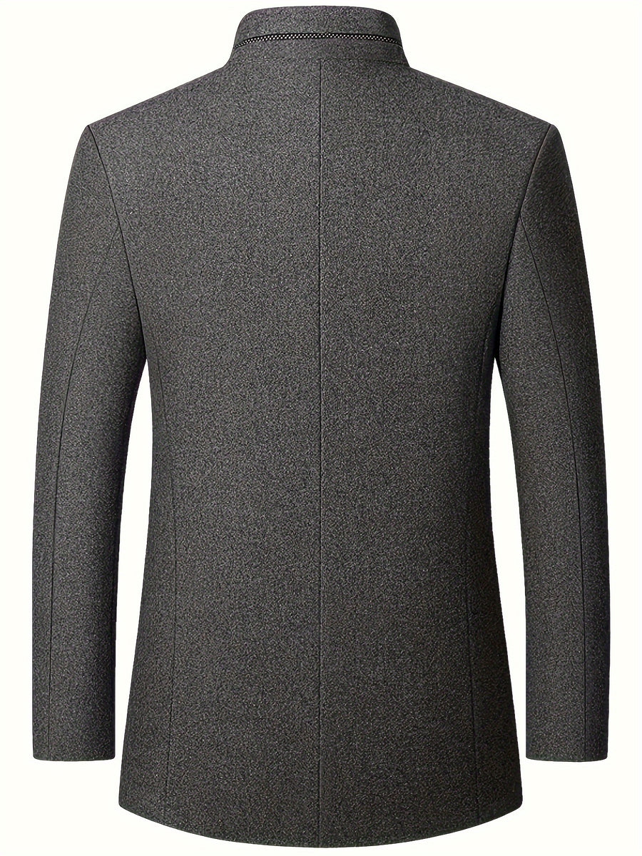 New Men's Tweed Jacket, Mao Suit Style Stand Collar Autumn/Winter Outerwear, Men's Tweed Sports Jacket - Grey