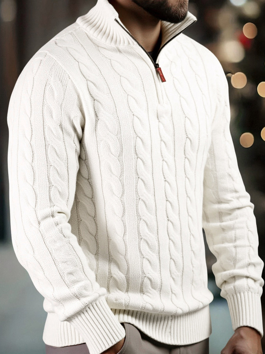 Men's Fashion High-Neck Zipper Twist Knit Sweater, Solid Color Versatile Pullover, Soft Medium-Stretch Fabric, Suitable for Autumn/Winter Office, Date Night, Casual Wear, Ideal as a Gift - Off-white