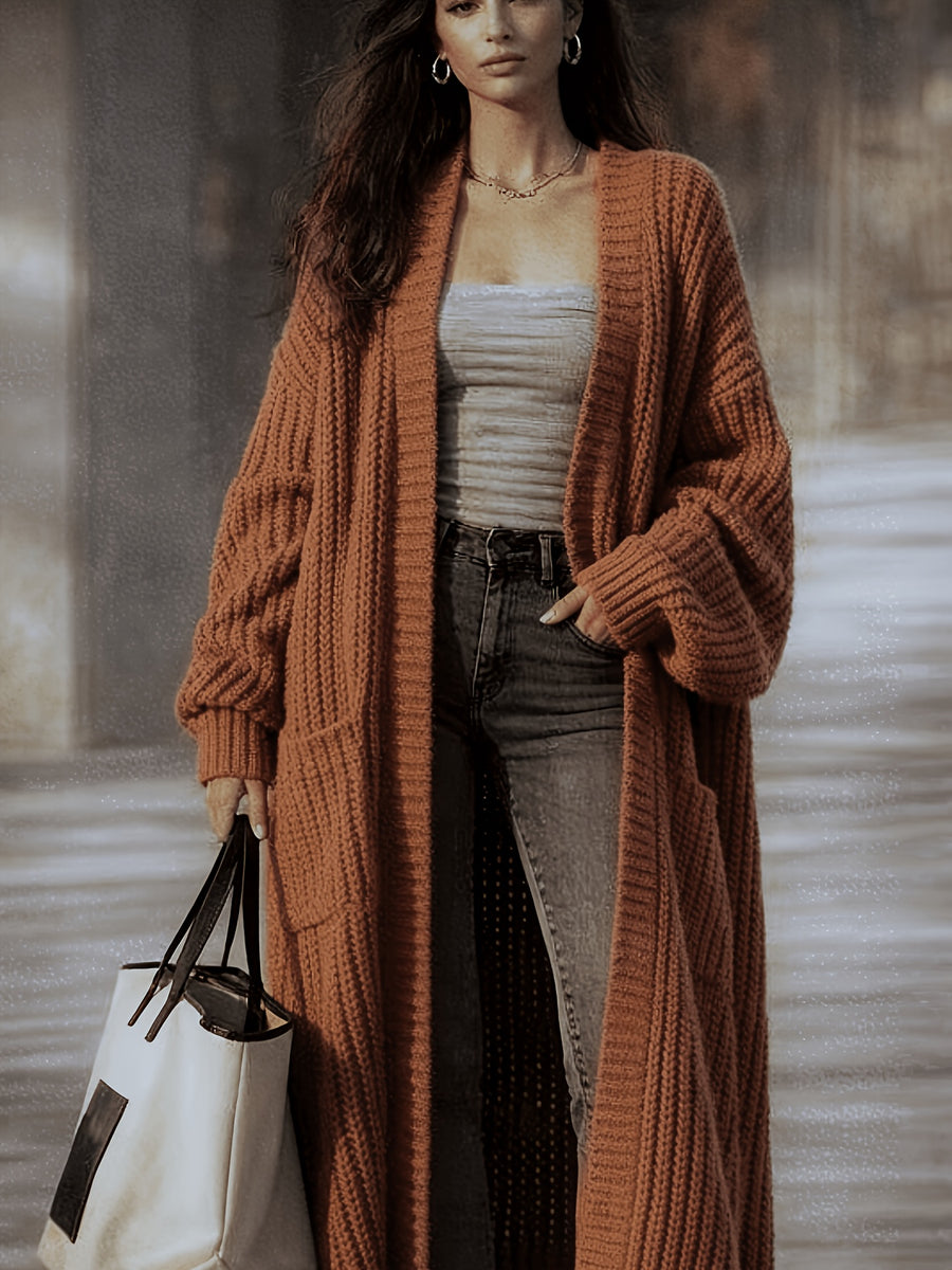 Women'S Solid Color Cardigan Sweater, Casual Long Sleeve Open Front Cardigan - Rust