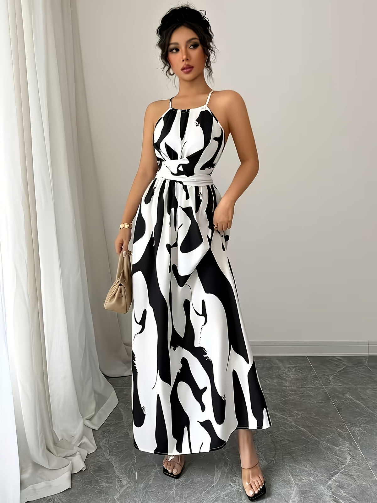 Elegant Off the Shoulder Ladies' Dress | Asymmetric Color Block, Twist Pattern, Hollow Waist Design, Fit and Flare Style - White