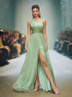 Elegant Directional Pleated Slit Evening Gown, Women'S Evening Dress, Party Dress, Graceful Dress, Unique Design, Exquisite Fabric, Long Dress, Formal Wear, Women'S Fashion - Matcha Color