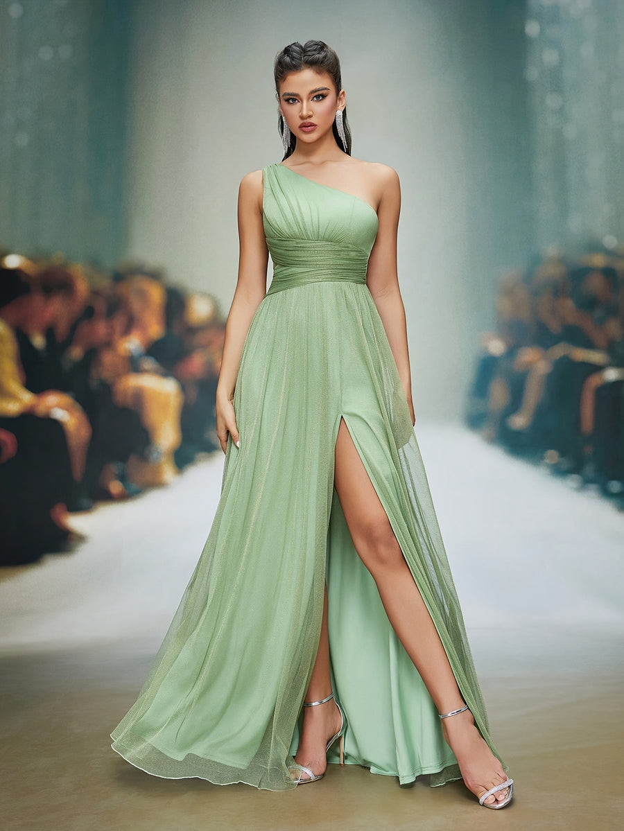Elegant Directional Pleated Slit Evening Gown, Women'S Evening Dress, Party Dress, Graceful Dress, Unique Design, Exquisite Fabric, Long Dress, Formal Wear, Women'S Fashion - Matcha Color
