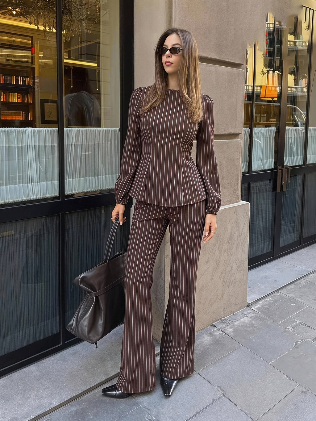 Brown Striped Wide-Leg Pants And Top 2pcs Set for Bridesmaid, Round Neck Long Sleeve Long Pants Women'S Style Bridesmaid Dress, Suitable for Autumn And Winter - Brown