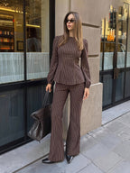 Brown Striped Wide-Leg Pants And Top 2pcs Set for Bridesmaid, Round Neck Long Sleeve Long Pants Women'S Style Bridesmaid Dress, Suitable for Autumn And Winter - Brown