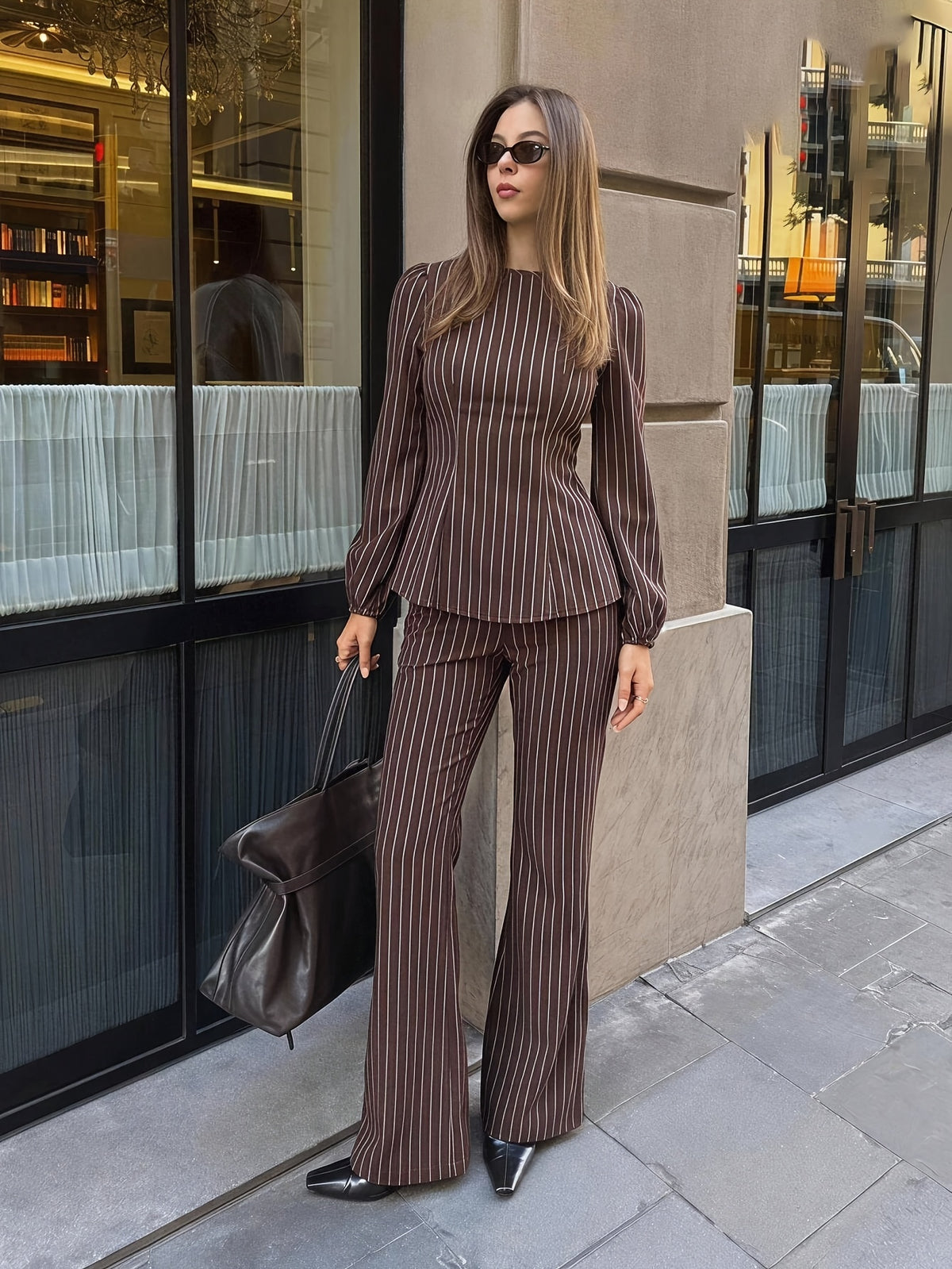 Brown Striped Wide-Leg Pants And Top 2pcs Set for Bridesmaid, Round Neck Long Sleeve Long Pants Women'S Style Bridesmaid Dress, Suitable for Autumn And Winter - Brown