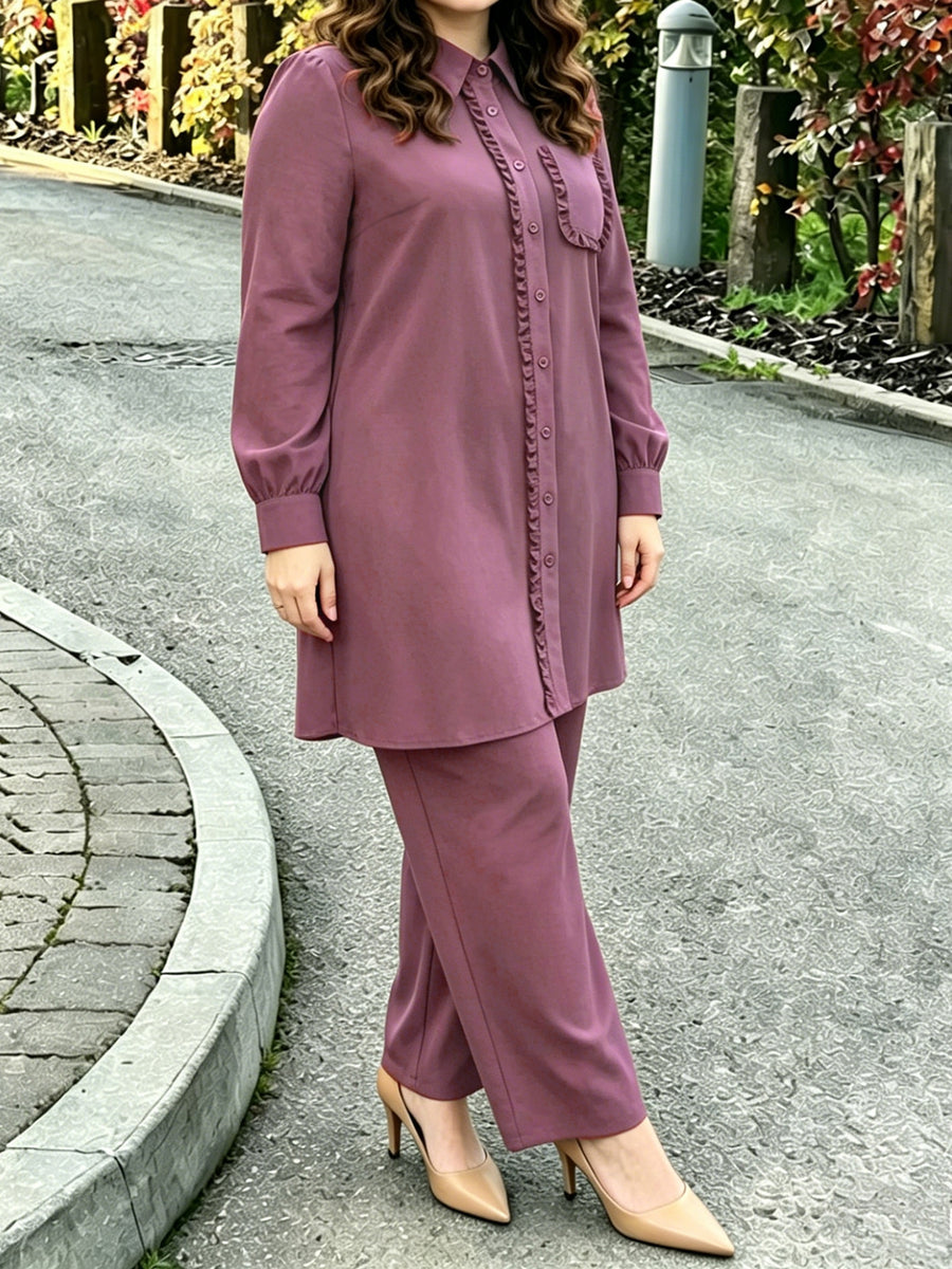 Eid | Elegant Plain Fril Muslim 2pcs Jalabiya Set | Elegant Abaya Women Modest with Pocket & Placket Ruffle Trim + Loose Wide-Leg Pants | Daily Home Leisure Commute Wear - Rose Red