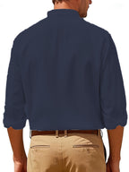 Spring New Men'S Linen Mandarin Collar Long Sleeve Shirt, Neo-Chinese Minimalist Style, Breathable Linen Fabric, Versatile Business Casual, Great Gift for Elders And Boyfriends, 1pc. Gift Box And Props Are for Decorative Purposes Solely - Navy Color
