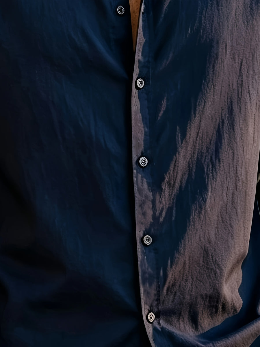 Vacation Style Men'S Summer Long Sleeve Shirt, Classic Lapel Single-Breasted Design, Multiple Basic Solid Colors Available, Suitable for Daily Commute And Beach Travel (Shirt) - Navy Color