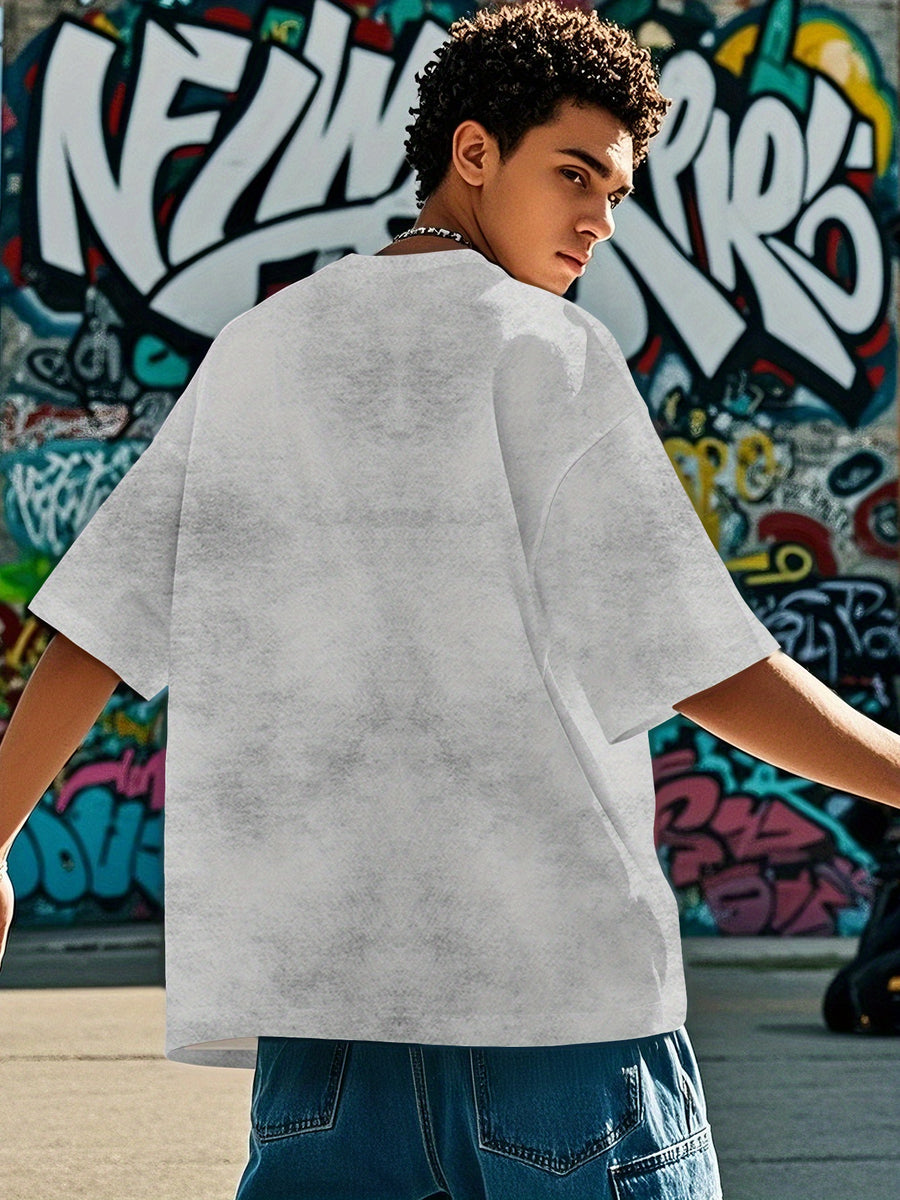 Men's American Tie-Dye Short Sleeve Street Style Shark Print Tie-Dye T-Shirt - White and Grey