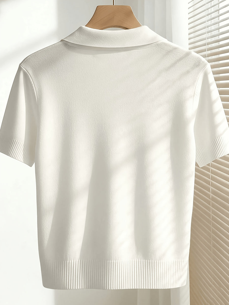France Ladies Spring/Summer White Easy Casual Lapel Short Sleeve Slim Top, Suitable for Daily Wear, Summer Vacation, Spring Wear, Elegant And Fashionable - White