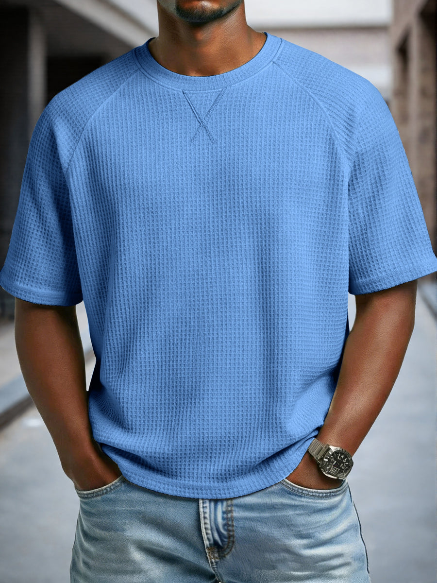 Men'S Waffle Knit T-Shirt Short Sleeve Crew Neck Casual Top, Breathable Textured Fabric Soft Lightweight Comfort Tee, Loose Fit Everyday Wear Perfect for Summer Street Style, Travel, Outdoor Activities And Daily Casual Outfit - Sky Blue
