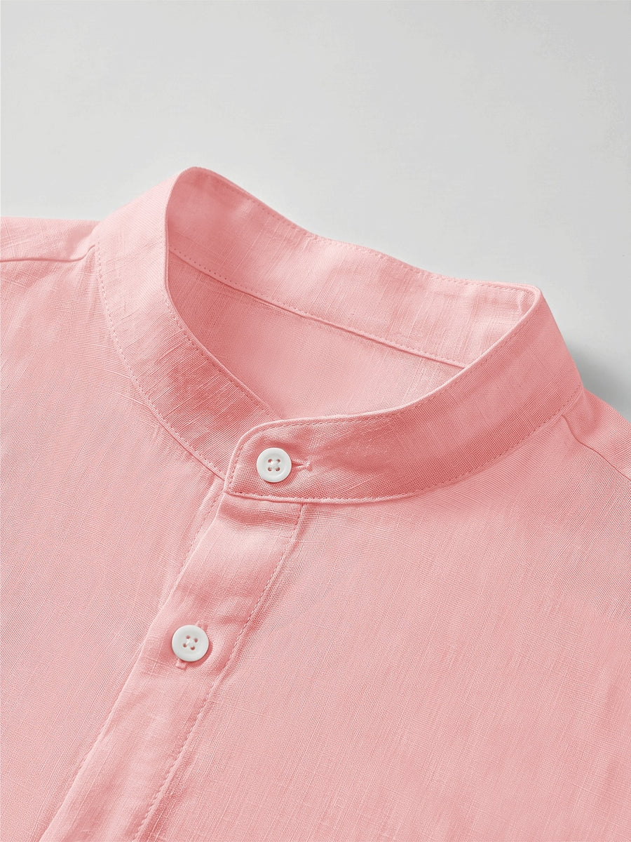 Men's Solid Color Casual Stand Collar Button- Long Sleeve Shirt. The Solid-colored Fabric Offers a Comfortable Feel, Making It a Great Gift for a Husband or Boyfriend for Home, Outings, Travel, and Beach Vacations. Men's Long Sleeves, Men's Tops - Light Pink Color