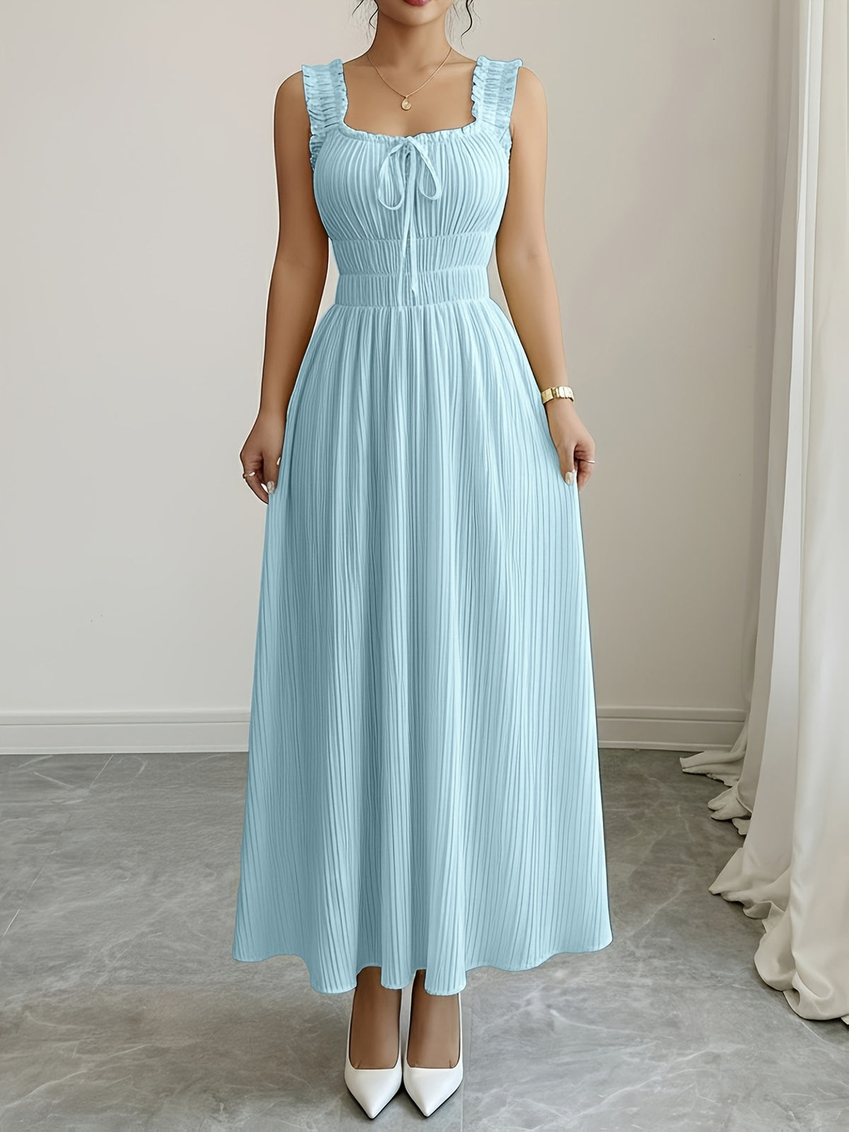 Women'S Spring Summer New Temperament Elegant Solid Texture Fabric Square Neck Tie-Belt A-Line Dress - Sky Blue