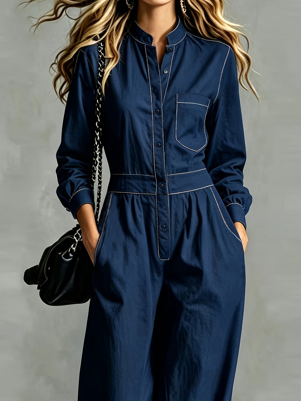 2026 Stand-Up Collar Waist-Cinching Jumpsuit Women'S Contrast Stitching Wide-Leg Cargo Casual Long Trousers - Blue