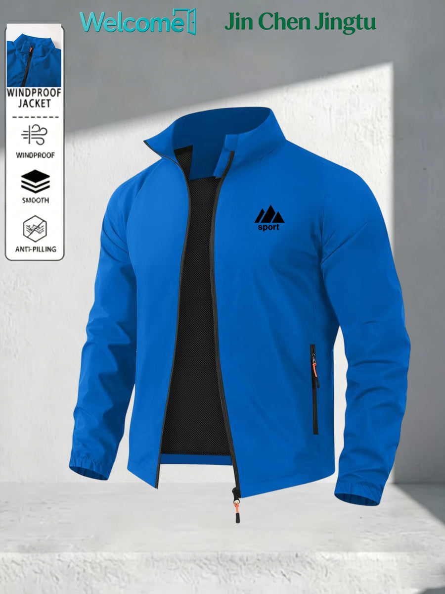 Men'S Triangle Mountain Sports Letter Print Stand-Up Collar Jacket, Anti-Pilling Smooth Lightweight Fabric, Casual Athletic Outerwear, Suitable for Daily Exercise And Commuting, Spring Fall Men'S Jacket - Blue