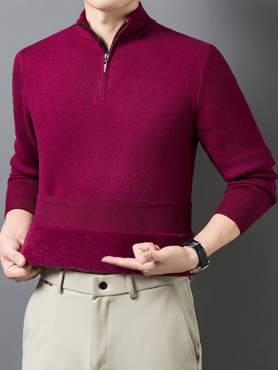 1pc Men'S Solid Color Small Stand Collar Knit Pullover Autumn Winter Zipper Casual Fleece Warm Top - Burgundy