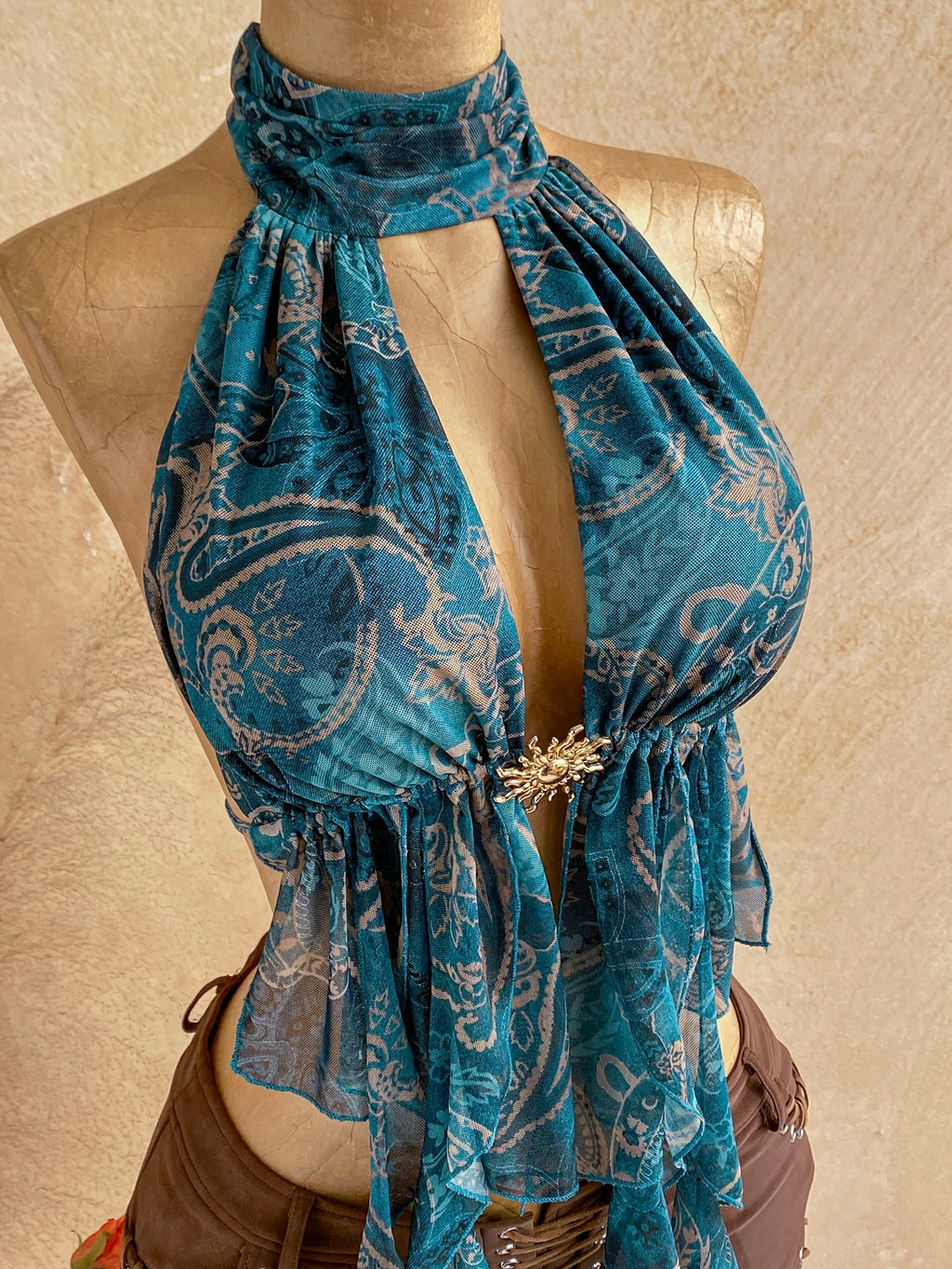 Women'S Vacation Sexy Leopard Print Scarf Vest with Bow Tie And Ruffled Trim, Suitable for Beach, Seaside, Sexy Dates, Vacation, Afternoon Tea, Wedding Season, Cruise, Road Trip, Boho Vacation, Music Festival, Hippie, Western Style - Peacock Blue