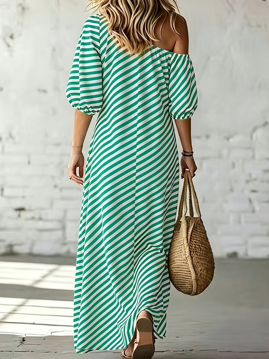 Women'S Elegant Asymmetrical Shoulder Stripe Long Dress, Summer Bohemian Vacation Loose Short Sleeve Maxi Skirt - Green